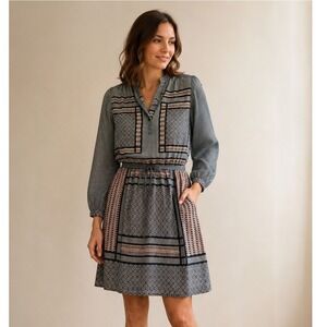 Halogen Boho Geometric Print Tie Neck Long Sleeve Dress Black Gray Red sz L